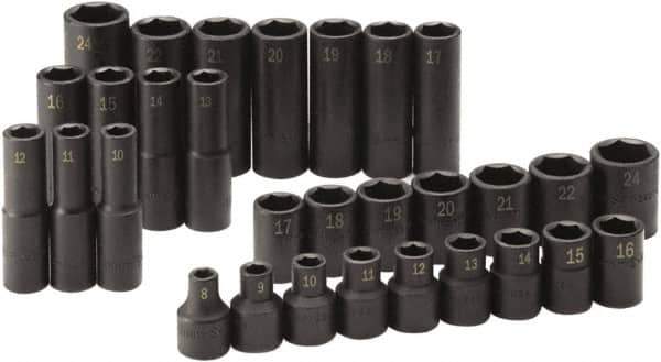 SK - 30 Piece 1/2" Drive Standard Deep Impact Socket Set - 6 Points, 8 to 24mm, Metric Measurement Standard - Exact Tool & Supply