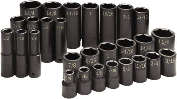 SK - 28 Piece 1/2" Drive Standard Deep Impact Socket Set - 6 Points, 3/8 to 1-1/4", Inch Measurement Standard - Exact Tool & Supply