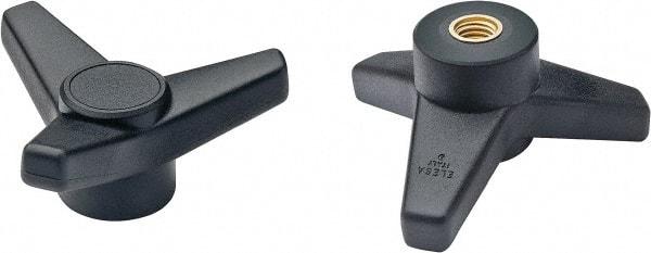 Elesa - 4" Head Diam, 3/8-16 Hole, 1-5/8" High, Glass Fibre Reinforced Technopolymer 3 Arm Knob - 1-7/16" Hub Diam, 1.42 Head Height, Female Insert Style, 3/4 Hole Depth, Black - Exact Tool & Supply