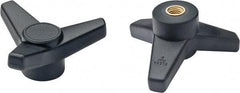 Elesa - 4" Head Diam, 3/8-16 Hole, 1-5/8" High, Glass Fibre Reinforced Technopolymer 3 Arm Knob - 1-7/16" Hub Diam, 1.42 Head Height, Female Insert Style, 3/4 Hole Depth, Black - Exact Tool & Supply