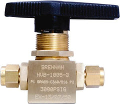 Brennan - 1/4" Pipe, Tube End Connections, Brass, Inline, Two Way Flow, Instrumentation Ball Valve - 3,000 psi WOG Rating, Nylon Handle, PTFE Seal, PFA Seat, Swaglok B-42S4 - Exact Tool & Supply