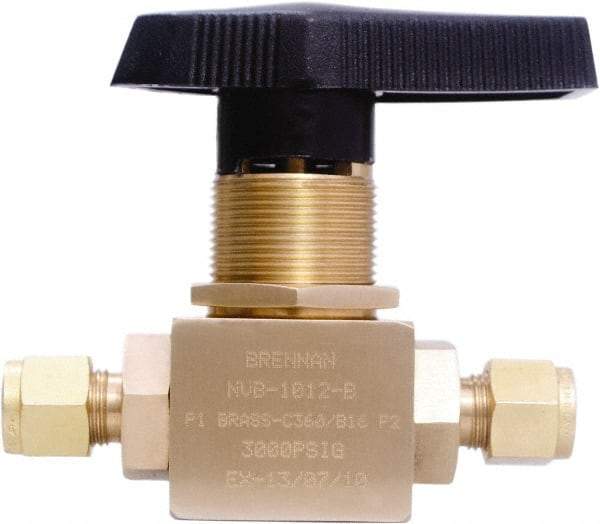 Brennan - 3/8" Pipe, Tube End Connections, Brass, Inline, Two Way Flow, Instrumentation Ball Valve - 3,000 psi WOG Rating, Nylon Handle, PTFE Seal, PFA Seat, Swaglok B-44S6 - Exact Tool & Supply