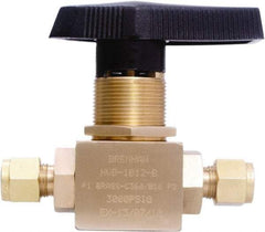 Brennan - 3/8" Pipe, Tube End Connections, Brass, Inline, Two Way Flow, Instrumentation Ball Valve - 3,000 psi WOG Rating, Nylon Handle, PTFE Seal, PFA Seat, Swaglok B-44S6 - Exact Tool & Supply