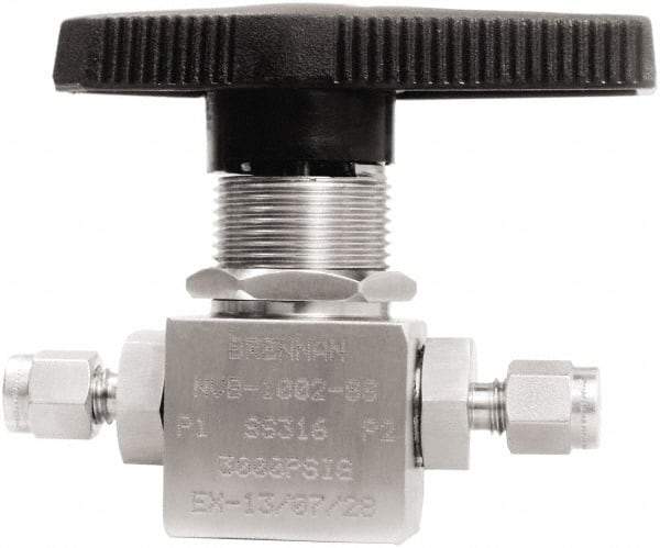 Brennan - 1/8" Pipe, Tube End Connections, Stainless Steel, Inline, Two Way Flow, Instrumentation Ball Valve - 3,000 psi WOG Rating, Nylon Handle, PTFE Seal, PFA Seat, Swaglok SS-41GS2 - Exact Tool & Supply