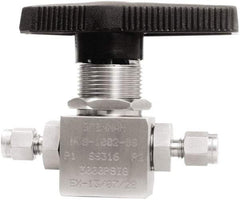 Brennan - 1/8" Pipe, Tube End Connections, Stainless Steel, Inline, Two Way Flow, Instrumentation Ball Valve - 3,000 psi WOG Rating, Nylon Handle, PTFE Seal, PFA Seat, Swaglok SS-41GS2 - Exact Tool & Supply