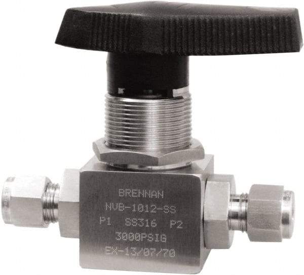 Brennan - 3/8" Pipe, Tube End Connections, Stainless Steel, Inline, Two Way Flow, Instrumentation Ball Valve - 3,000 psi WOG Rating, Nylon Handle, PTFE Seal, PFA Seat, Swaglok SS-44S6 - Exact Tool & Supply