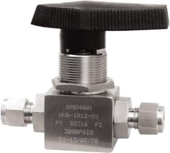 Brennan - 3/8" Pipe, Tube End Connections, Stainless Steel, Inline, Two Way Flow, Instrumentation Ball Valve - 3,000 psi WOG Rating, Nylon Handle, PTFE Seal, PFA Seat, Swaglok SS-44S6 - Exact Tool & Supply