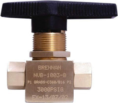 Brennan - 1/8" Pipe, NPT End Connections, Brass, Inline, Two Way Flow, Instrumentation Ball Valve - 3,000 psi WOG Rating, Nylon Handle, PTFE Seal, PFA Seat, Swaglok B-42F2 - Exact Tool & Supply