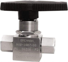 Brennan - 1/4" Pipe, NPT End Connections, Stainless Steel, Inline, Two Way Flow, Instrumentation Ball Valve - 3,000 psi WOG Rating, Nylon Handle, PTFE Seal, PFA Seat, Swaglok SS-43GEF4 - Exact Tool & Supply