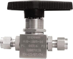 Brennan - 1/4" Pipe, Tube End Connections, Stainless Steel, Inline, Two Way Flow, Instrumentation Ball Valve - 3,000 psi WOG Rating, Nylon Handle, PTFE Seal, PFA Seat, Swaglok SS-42GS4 - Exact Tool & Supply