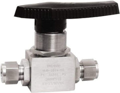 Brennan - 1/2" Pipe, Tube End Connections, Stainless Steel, Inline, Two Way Flow, Instrumentation Ball Valve - 3,000 psi WOG Rating, Nylon Handle, PTFE Seal, PFA Seat, Swaglok SS-45S8 - Exact Tool & Supply