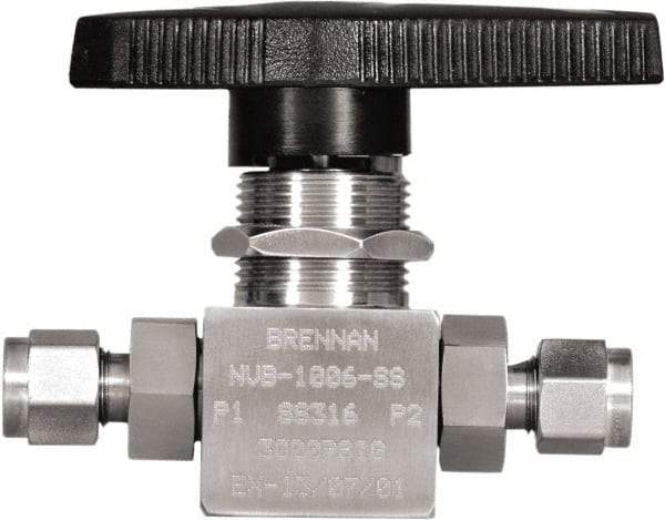 Brennan - 1/4" Pipe, Tube End Connections, Stainless Steel, Inline, Two Way Flow, Instrumentation Ball Valve - 3,000 psi WOG Rating, Nylon Handle, PTFE Seal, PFA Seat, Swaglok SS-43GS4 - Exact Tool & Supply