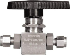 Brennan - 1/4" Pipe, Tube End Connections, Stainless Steel, Inline, Two Way Flow, Instrumentation Ball Valve - 3,000 psi WOG Rating, Nylon Handle, PTFE Seal, PFA Seat, Swaglok SS-43GS4 - Exact Tool & Supply