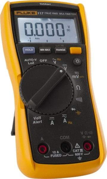 Fluke - 117, CAT III, 600 VAC/VDC, Digital True RMS Auto Ranging Manual Ranging Multimeter - 40 mOhm, Measures Voltage, Capacitance, Current, Frequency, Resistance - Exact Tool & Supply