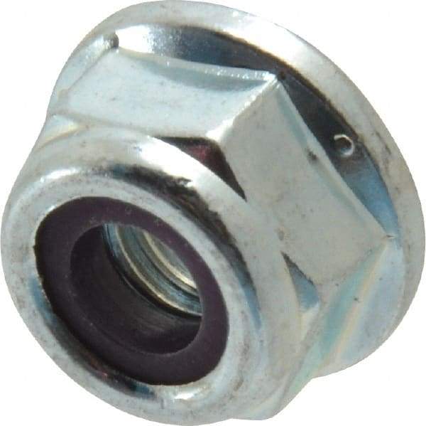 Value Collection - 1/4-20 UNC Grade 2 Hex Flange Lock Nut with Nylon Insert - 7/16" Width Across Flats, 5/16" High, Zinc-Plated Finish - Exact Tool & Supply