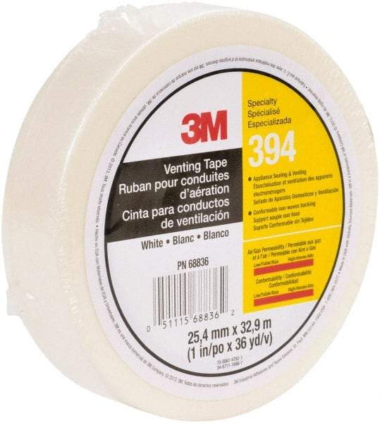 3M - 36 Yds. x 1", White Nonwoven Fabric Film Tape - 394 Series, 4 mil Thick, 6 Lb./Inch Tensile Strength - Exact Tool & Supply