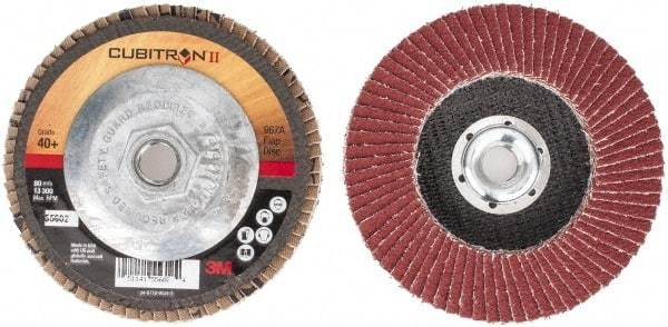 3M - 40 Grit, 4-1/2" Disc Diam, 5/8-11 Center Hole, Type 27 Ceramic Flap Disc - 13,300 Max RPM, Cloth Backing, Arbor Attaching System, Coated - Exact Tool & Supply