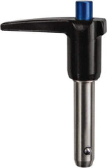 Monroe Engineering Products - 5/8" Diam, 5" Usable Length, L Handle, Push Button Quick Release Pin - 7-1/2" OAL, Grade 4140 Steel, Zinc-Plated Finish - Exact Tool & Supply