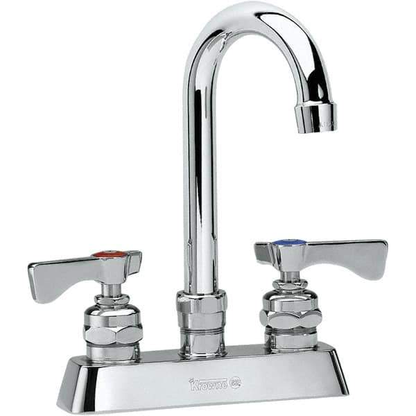Krowne - Deck Mount, Low Arc Deck Mount Faucet - Two Handle, Color Coded, Blade Handle, Gooseneck Spout and Nozzle, No Drain - Exact Tool & Supply