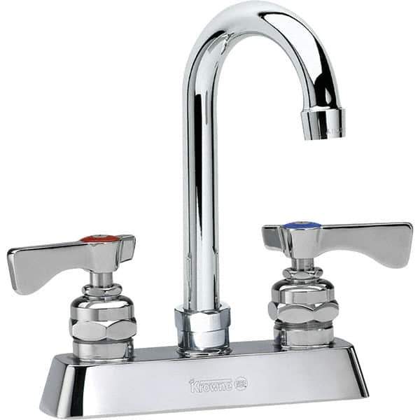 Krowne - Deck Mount, High Arc Deck Mount Faucet - Two Handle, Color Coded, Blade Handle, Gooseneck Spout and Nozzle, No Drain - Exact Tool & Supply