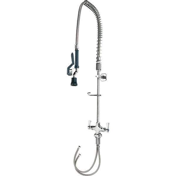 Krowne - Deck Mount, Pre Rinse Faucet with Spray - Two Handle, Color Coded, Blade Handle, Gooseneck Spout with Hose, No Drain - Exact Tool & Supply
