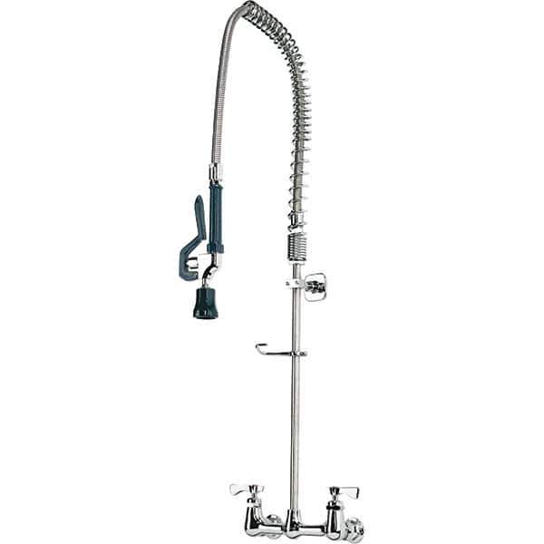 Krowne - Wall Mount, Pre Rinse Faucet with Spray - Two Handle, Color Coded, Blade Handle, Gooseneck Spout with Hose, No Drain - Exact Tool & Supply