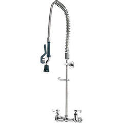 Krowne - Wall Mount, Pre Rinse Faucet with Spray - Two Handle, Color Coded, Blade Handle, Gooseneck Spout with Hose, No Drain - Exact Tool & Supply