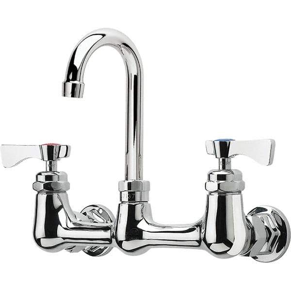 Krowne - Wall Mount, High Arc Service Sink Faucet - Two Handle, Color Coded, Blade Handle, Gooseneck Spout and Nozzle, No Drain - Exact Tool & Supply