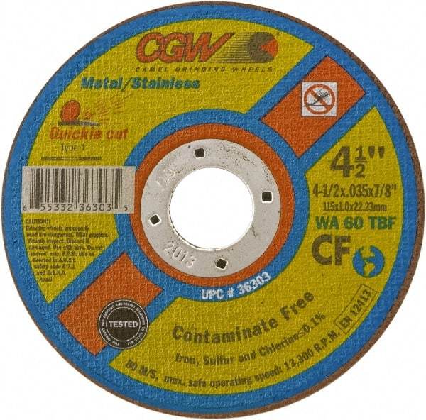 Camel Grinding Wheels - 5" 60 Grit Aluminum Oxide Cutoff Wheel - 0.04" Thick, 7/8" Arbor, 12,250 Max RPM - Exact Tool & Supply