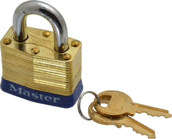 Master Lock - 3/4" Shackle Clearance, Keyed Alike Laminated Brass Padlock - 9/32" Shackle Diam, Brass - Exact Tool & Supply