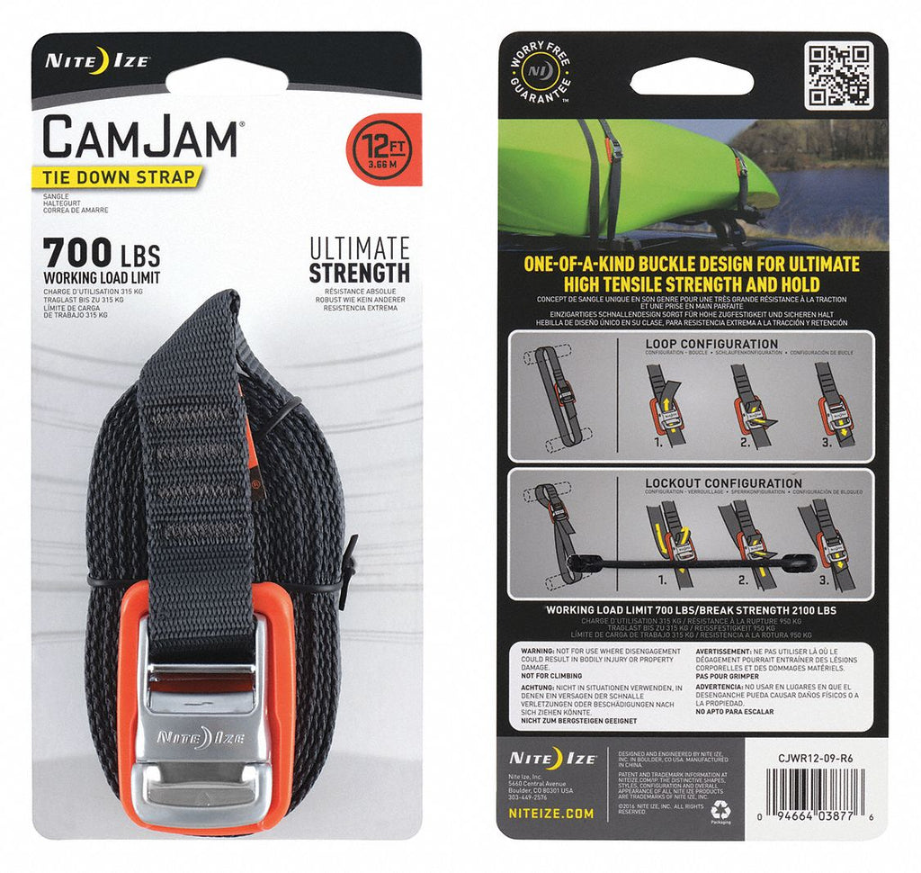 Tie Down Strap, 12 ft.L x 1"W, 700 lb. Load Limit, Adjustment: Cam Buckle