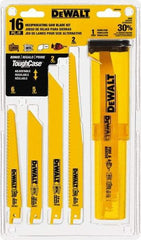 DeWALT - 16 Pieces, 6" to 9" Long x 0.04" Thickness, Bi-Metal Reciprocating Saw Blade Set - Straight Profile, 6 to 18 Teeth, Toothed Edge - Exact Tool & Supply