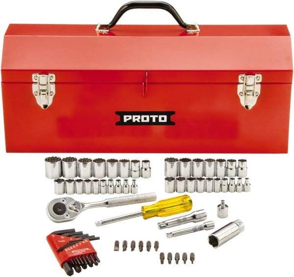 Proto - 65 Piece 1/4 & 3/8" Drive Standard Socket Set - 6 & 12 Points, 1/4 to 5/8", 4 to 17mm, Inch/Metric Measurement Standard - Exact Tool & Supply
