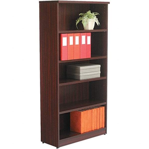 ALERA - 5 Shelf, 65" High x 31-3/4" Wide Bookcase - 14" Deep, Woodgrain Laminate, Mahogany - Exact Tool & Supply