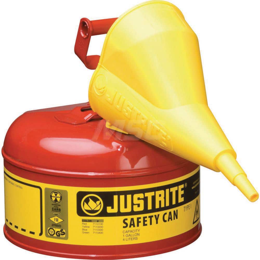Justrite - Safety Dispensing Cans; Capacity: 1 Gal. ; Material: Steel ; Color: Red ; Height (Decimal Inch): 11.000000 ; Diameter/Length (mm): 9.50 ; Approval Listing/Regulations: FM Approved; UL; ULC; TUV - Exact Tool & Supply