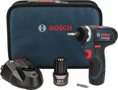 Bosch - 12 Volts, Lithium-Ion Battery, 1/4 Inch Keyless Chuck, Pistol Grip Cordless Drill - 600 RPM, 265 Inch/Lbs. Torque, 2 Speed, Reversible, Includes (2) Lithium-Ion 12V Max Batteries, 30 Minute Charger, Carrying Case - Exact Tool & Supply