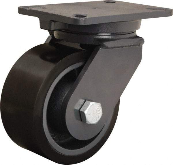 Hamilton - 6" Diam x 3" Wide x 8" OAH Top Plate Mount Swivel Caster - Polyurethane Mold onto Cast Iron Center, 2,860 Lb Capacity, Tapered Roller Bearing, 5-1/4 x 7-1/4" Plate - Exact Tool & Supply
