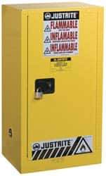 Justrite - 1 Door, 1 Shelf, Yellow Steel Space Saver Safety Cabinet for Flammable and Combustible Liquids - 44" High x 23-1/4" Wide x 18" Deep, Self Closing Door, 15 Gal Capacity - Exact Tool & Supply