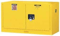 Justrite - 2 Door, 1 Shelf, Yellow Steel Stackable Safety Cabinet for Flammable and Combustible Liquids - 24" High x 43" Wide x 18" Deep, Manual Closing Door, 17 Gal Capacity - Exact Tool & Supply