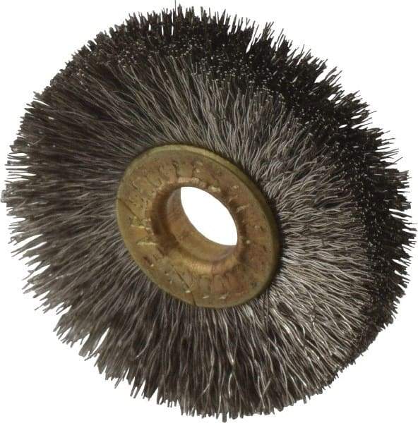 Osborn - 1-1/4" OD, 1/4" Arbor Hole, Crimped Stainless Steel Wheel Brush - 3/16" Face Width, 21/64" Trim Length, 0.005" Filament Diam, 20,000 RPM - Exact Tool & Supply