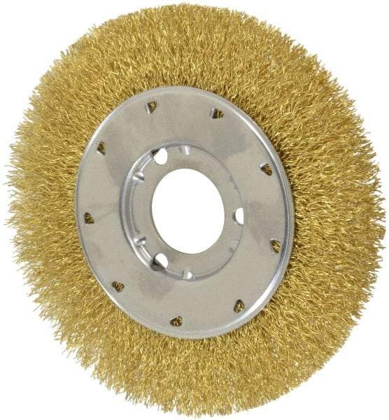 Osborn - 6" OD, 1-1/4" Arbor Hole, Crimped Brass Wheel Brush - 5/8" Face Width, 1-1/8" Trim Length, 0.014" Filament Diam, 6,000 RPM - Exact Tool & Supply