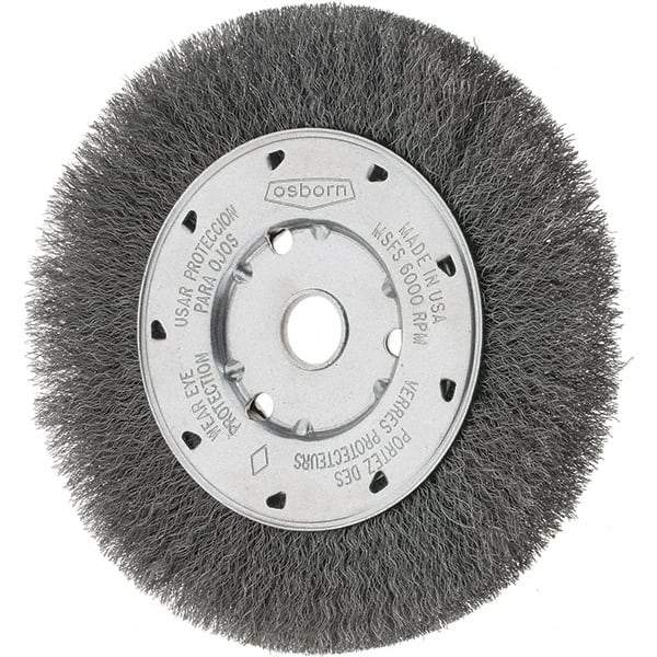 Osborn - 6" OD, 5/8" Arbor Hole, Crimped Steel Wheel Brush - 5/8" Face Width, 1-1/8" Trim Length, 0.008" Filament Diam, 6,000 RPM - Exact Tool & Supply