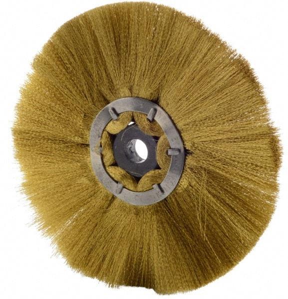 Osborn - 6" OD, 1/2" Arbor Hole, Crimped Brass Wheel Brush - 1/2" Face Width, 1-7/8" Trim Length, 0.005" Filament Diam, 4,000 RPM - Exact Tool & Supply