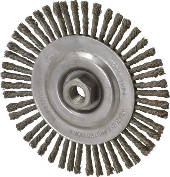 Osborn - 6-1/2" OD, 5/8-11 Arbor Hole, Knotted Steel Wheel Brush - 1/4" Face Width, 1-7/32" Trim Length, 0.02" Filament Diam, 12,000 RPM - Exact Tool & Supply