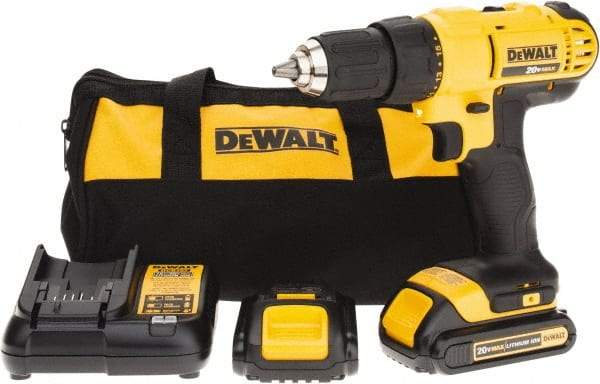 DeWALT - 20 Volt 1/2" Chuck Pistol Grip Handle Cordless Drill - 0-450 & 0-1500 RPM, Single-Sleeve Ratcheting Chuck, Reversible, 2 Lithium-Ion Batteries Included - Exact Tool & Supply