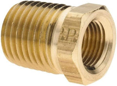 Parker - 1/4 Male Thread x 1/8 Female Thread, Brass Industrial Pipe Hex Bushing - MNPTF x FNPTF, 1,000 psi - Exact Tool & Supply