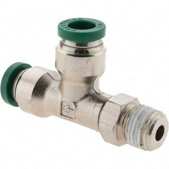 Parker - 1/4" Outside Diam, 1/8 NPTF, Nickel Plated Brass Push-to-Connect Tube Male Swivel Run Tee - 300 Max psi, Tube to Male NPT Connection, Nitrile O-Ring - Exact Tool & Supply