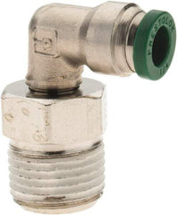 Parker - 1/4" Outside Diam, 3/8 NPTF, Nickel Plated Brass Push-to-Connect Tube Male Swivel Elbow - 300 Max psi, Tube to Male NPT Connection, Nitrile O-Ring - Exact Tool & Supply