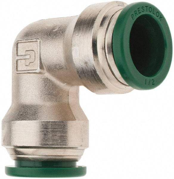 Parker - 1/2" Outside Diam, Nickel Plated Brass Push-to-Connect Tube Union Elbow - 300 Max psi, Tube to Tube Connection, Nitrile O-Ring - Exact Tool & Supply