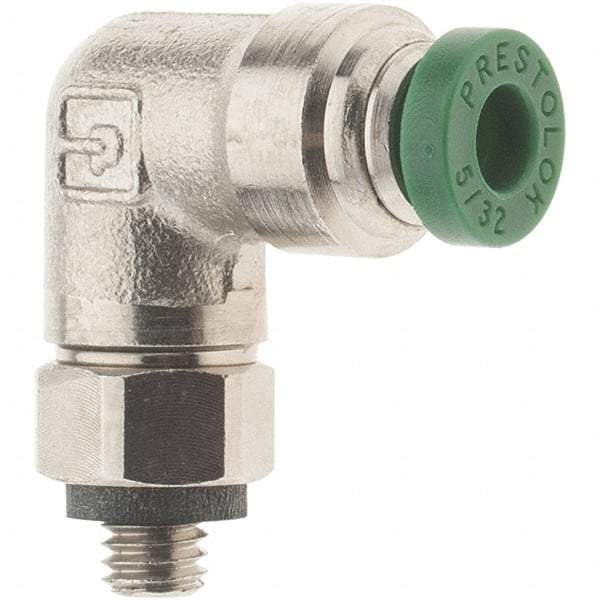 Parker - 5/32" Outside Diam, 10-32 UNF, Nickel Plated Brass Push-to-Connect Tube Male Swivel Elbow - 300 Max psi, Tube to Male UNF Connection, Nitrile O-Ring - Exact Tool & Supply